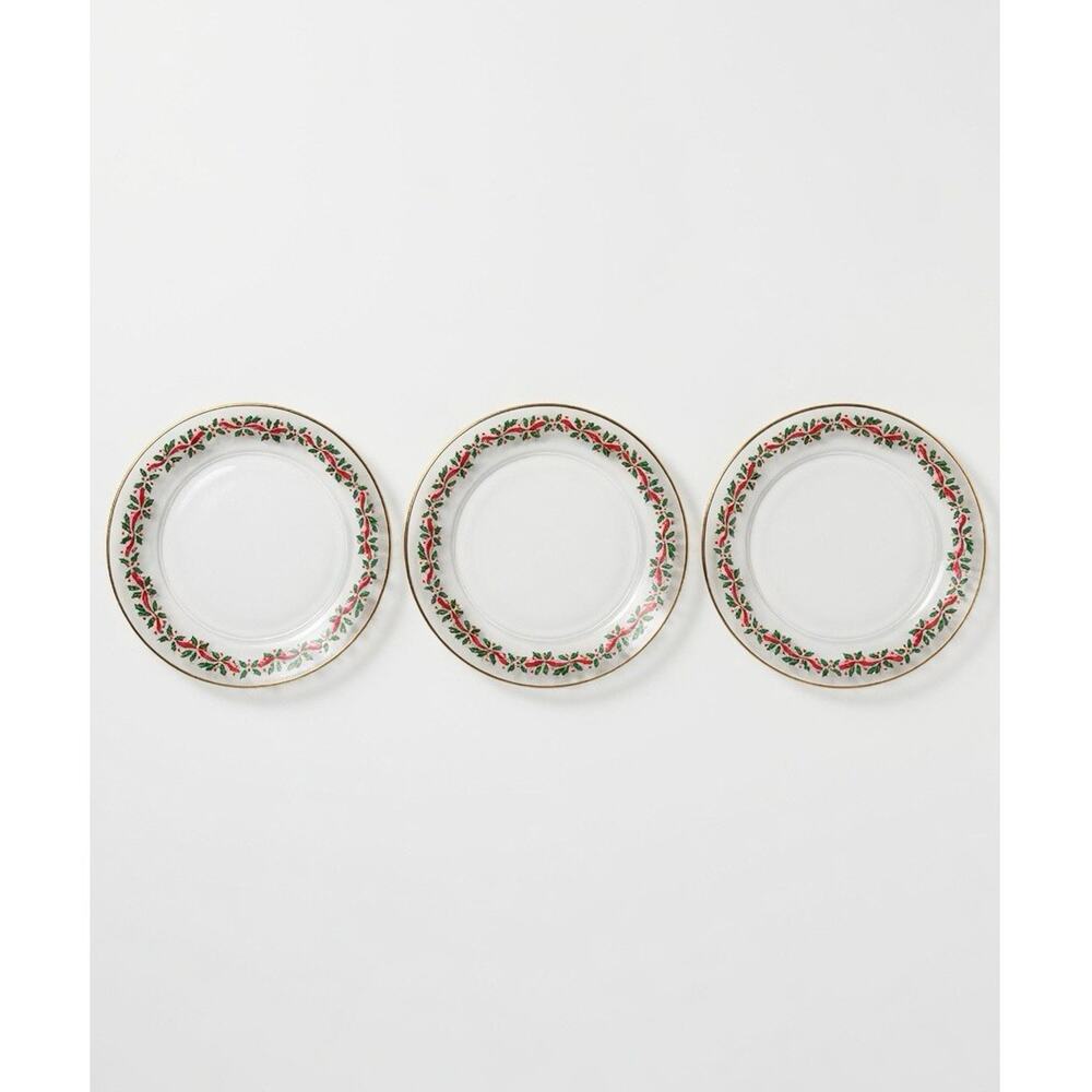 Arcoroc Christmas Holly Clear Glass Salad Plates Set of 3 Round 8 in